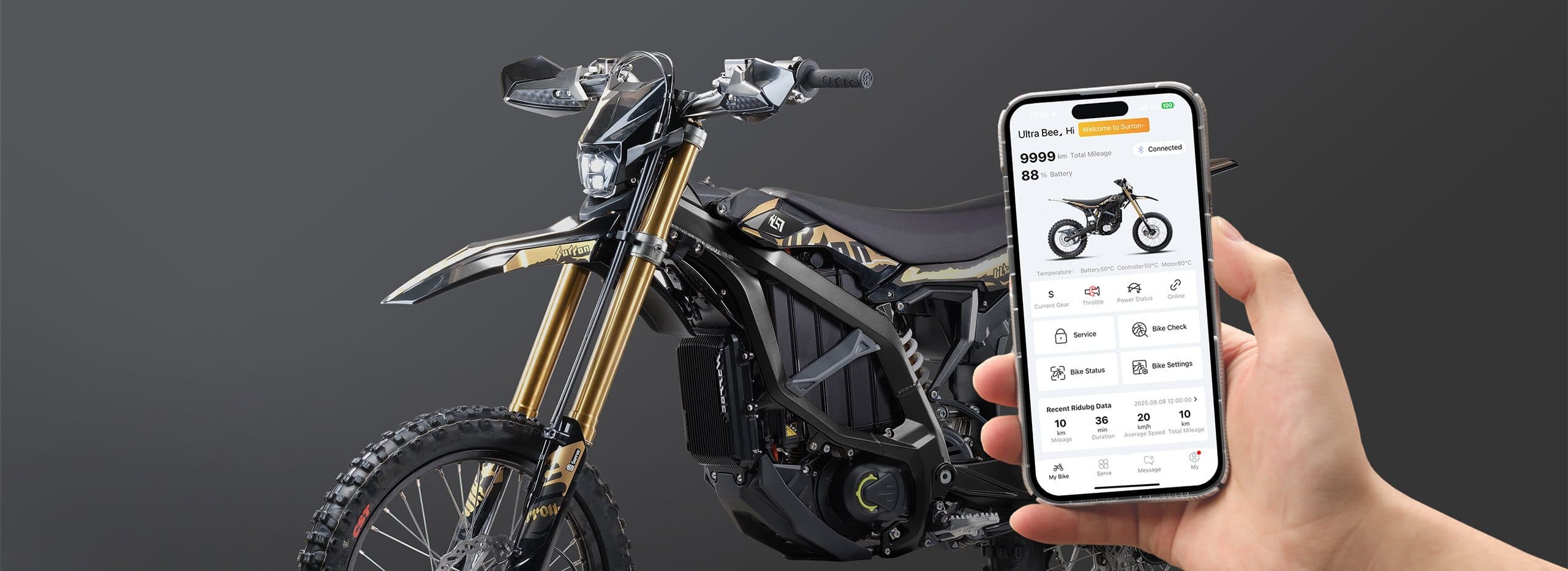 The Surron app on a phone next to an Ultra Bee